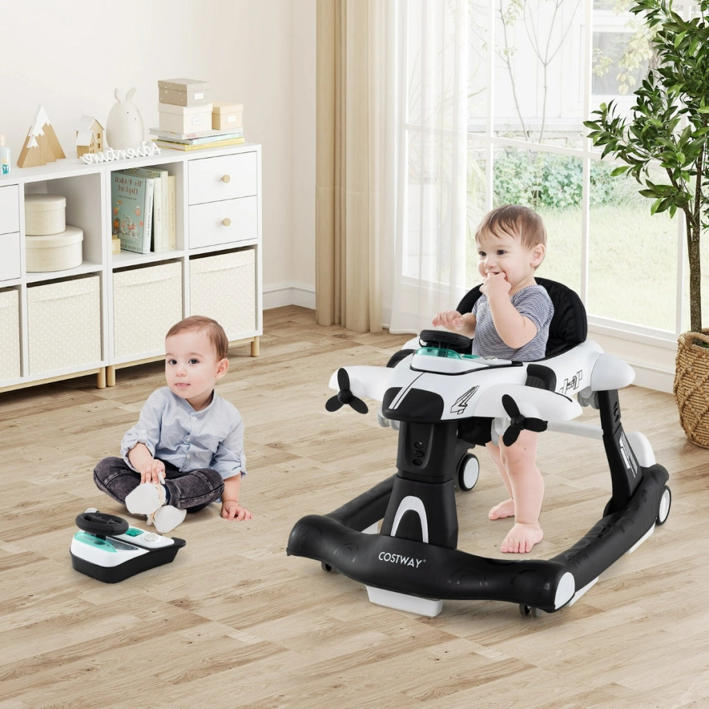 Camminatore pieghevole a tema aeroplano con altezza regolabile a 3 livelli, Camminatore per bambini 6 in 1 con ruote Bianco-Passeggini per bimbi