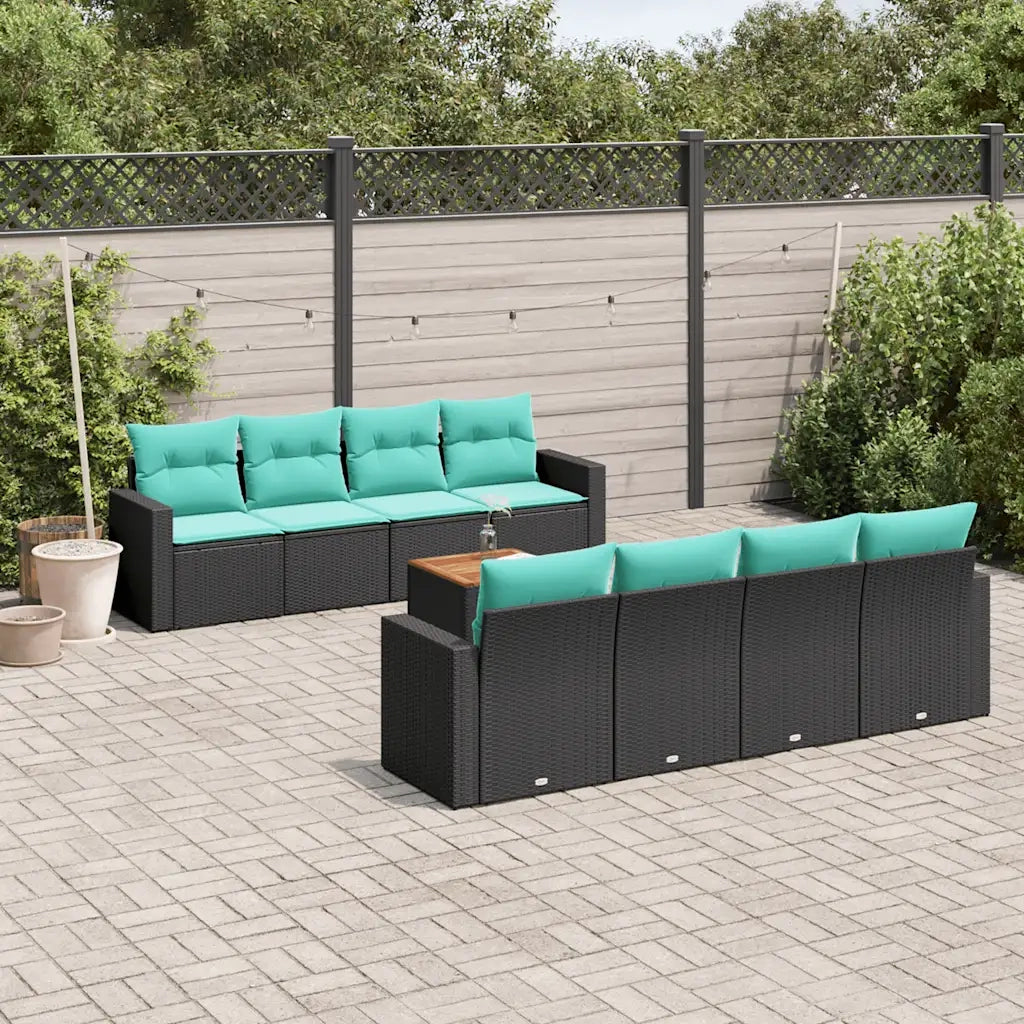 Set Divani da Giardino 9 pz con Cuscini Nero in Polyrattan