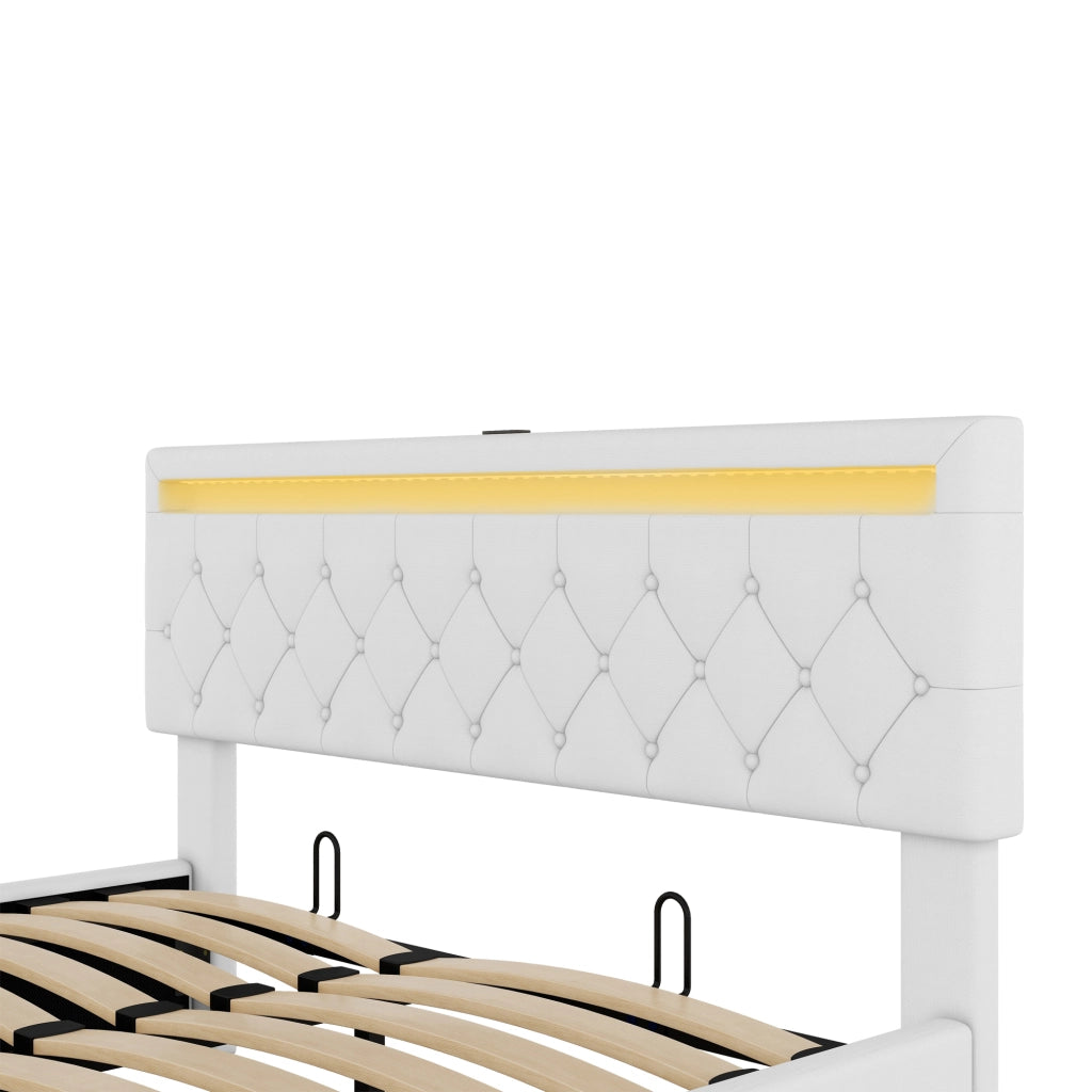 Letto imbottito 160 × 200 cm con contenitore, led, usb e usb-c, senza materasso, bianco