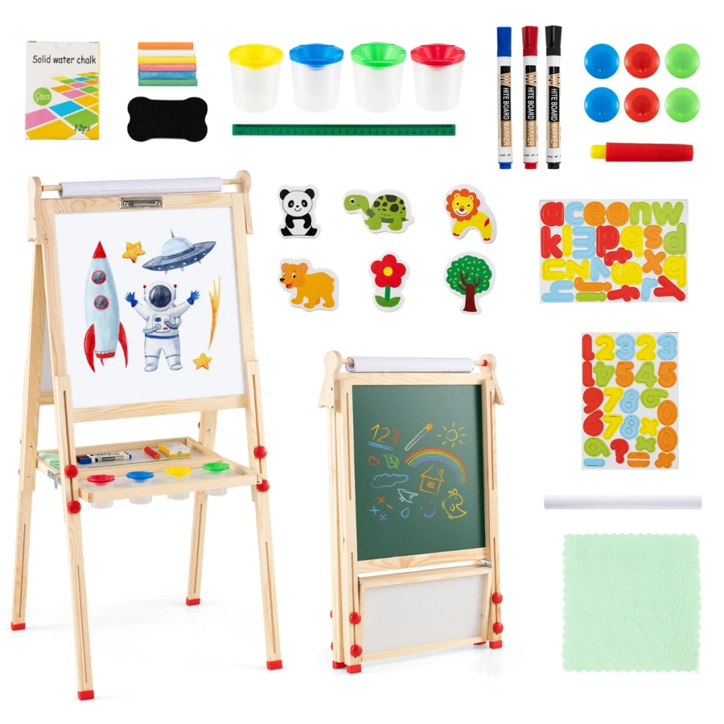 Cavalletto artistico in legno per bambini 3 in 1 pieghevole doppia faccia magnetico, Cavalletto tavolozza in legno