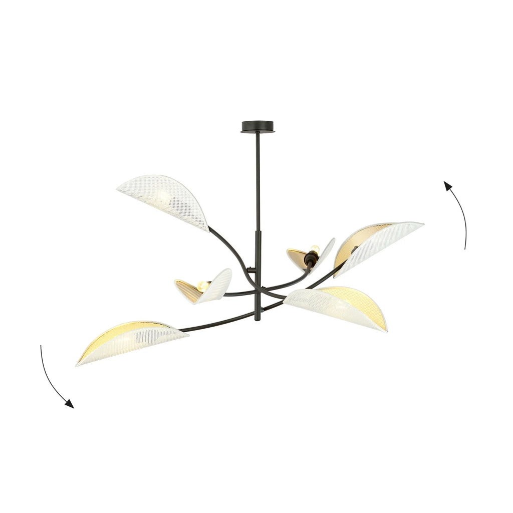 Sospensione Nordica 6 Luci Ares In Acciaio Nero Bianco E Oro Bracci Regolabili