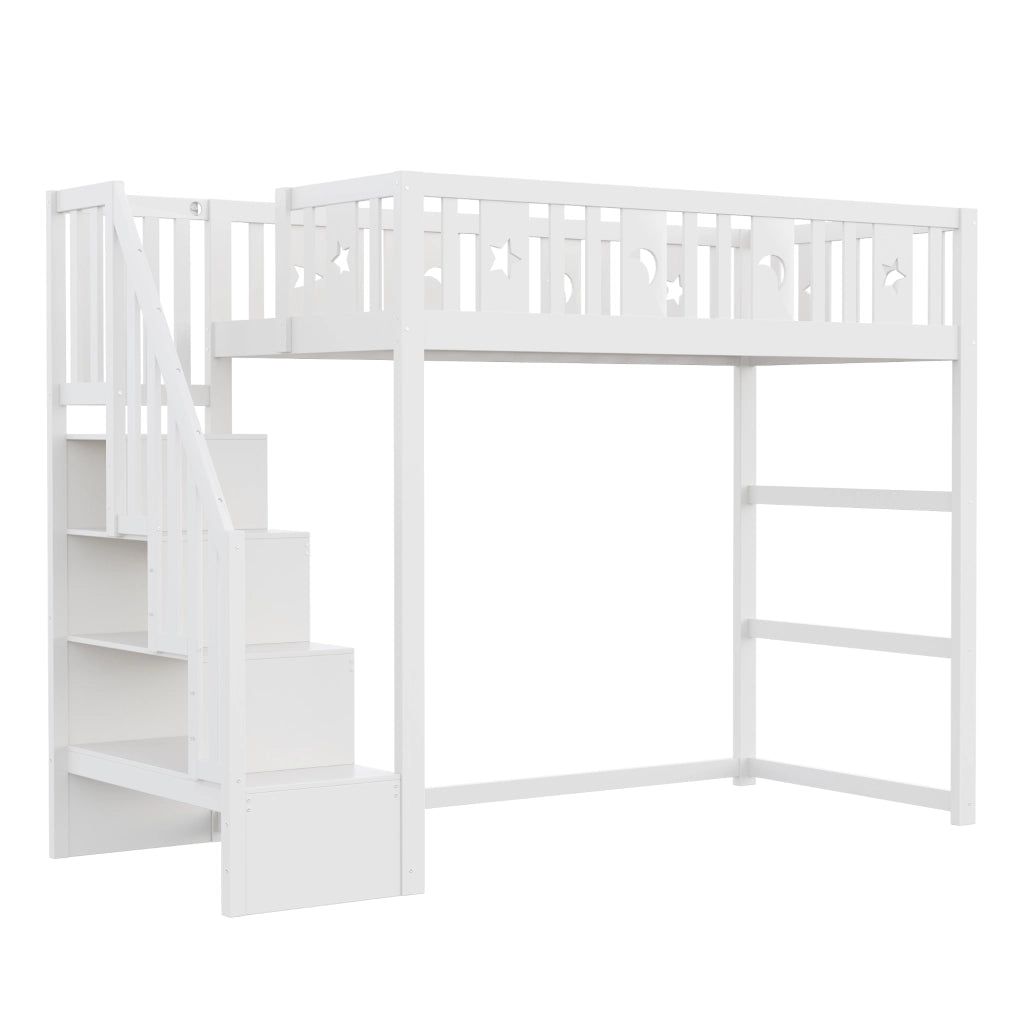 OKWISH Letto a Soppalco 90×200 cm, Letto Singolo con Scala, Mensole e Sponda, senza Materasso, in Legno Massello, Bianco