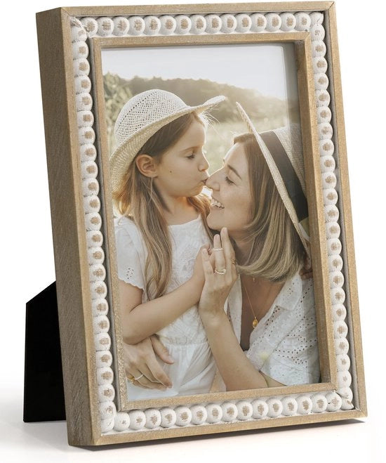 Scatola Fotografica in Legno 10 x 15 cm - Stile Boho - Scatola Fotografica in Legno - Decorazione per Parete - Ornamento con Perle - Stile Rustico - Scatola Fotografica in Legno per Parete