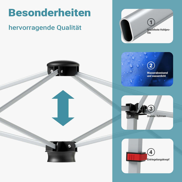 Gazebo pieghevole blu, 2,5 x 2,5 x 2,7 m con chiusura centrale, Tenda per fiere eventi mercati