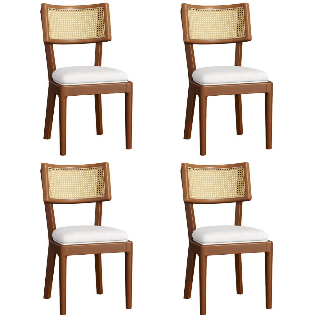 Set di 4 sedie da pranzo con schienale in rattan; cuscino in lino; legno; noce