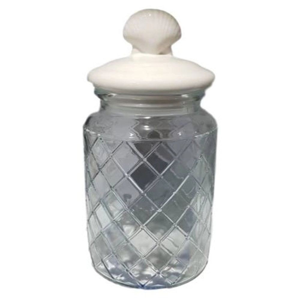 Trade Shop - Biscottiera Barattolo In Vetro 1 Lt Con Tappo Coperchio Ceramica Conchiglia -