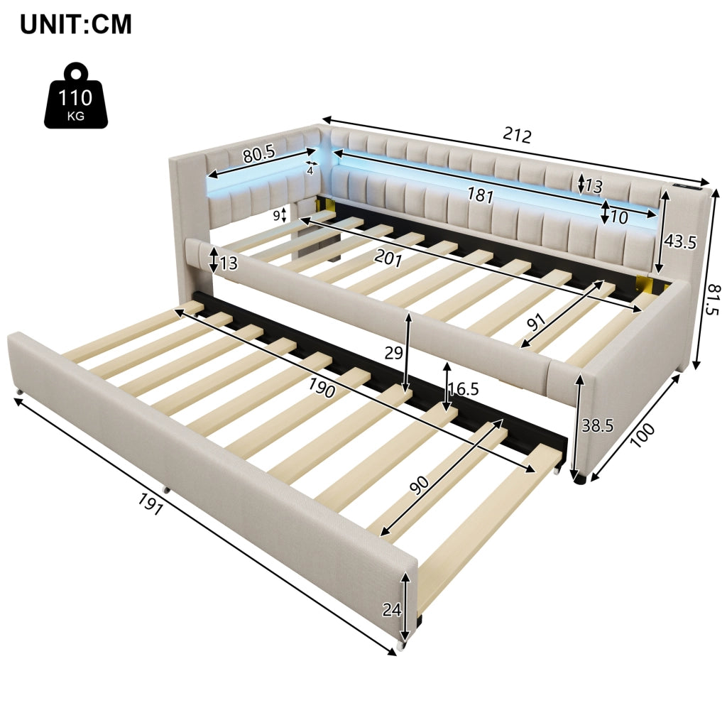 Letto 90x200 cm con LED; letto estraibile; USB e Type-C in lino beige