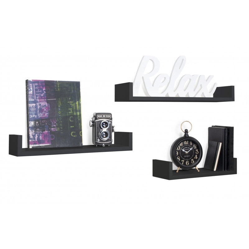 Set di 3 Mensole da Muro, Mensole Muro Design, Mensola da Parete, Nero, 60x8 p15,5 cm, 50x8 p15,5 cm e 40x8 p15,5 cm - Calamita
