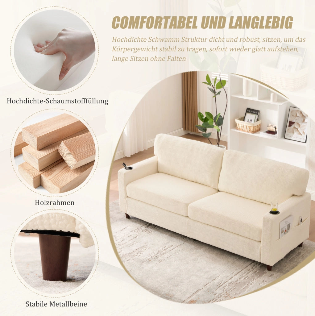 Divano a due posti beige in chenille con USB-C, LED e portabevande