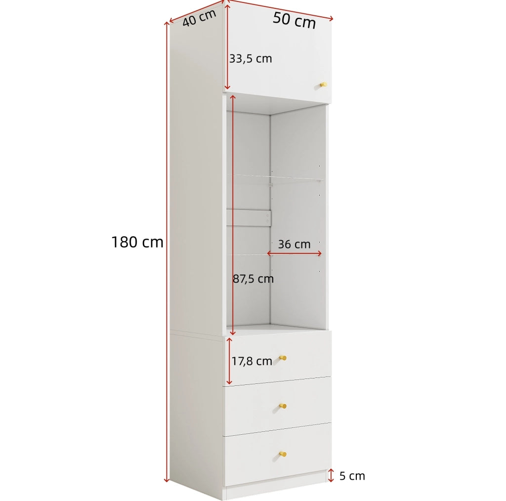 Vetrina alta con cassetti e ripiani in vetro regolabili; MDF; bianca; 50x40x180 cm