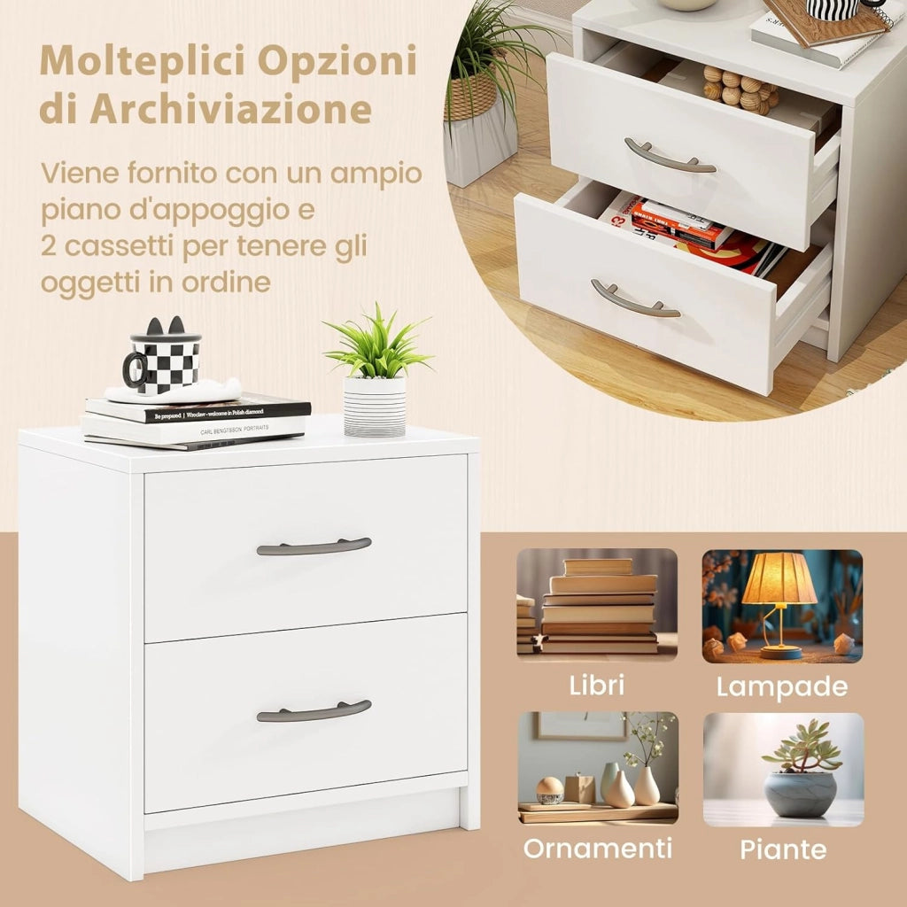 COSTWAY Comodino Camera da Letto con 2 Cassetti, Comodino Salvaspazio in Legno, Comodino Mobile da Letto con Kit Antiribaltamento, per Soggiorno e Studio, 38,5 x 28 x 39 cm (Bianco, 2 Cassetti)