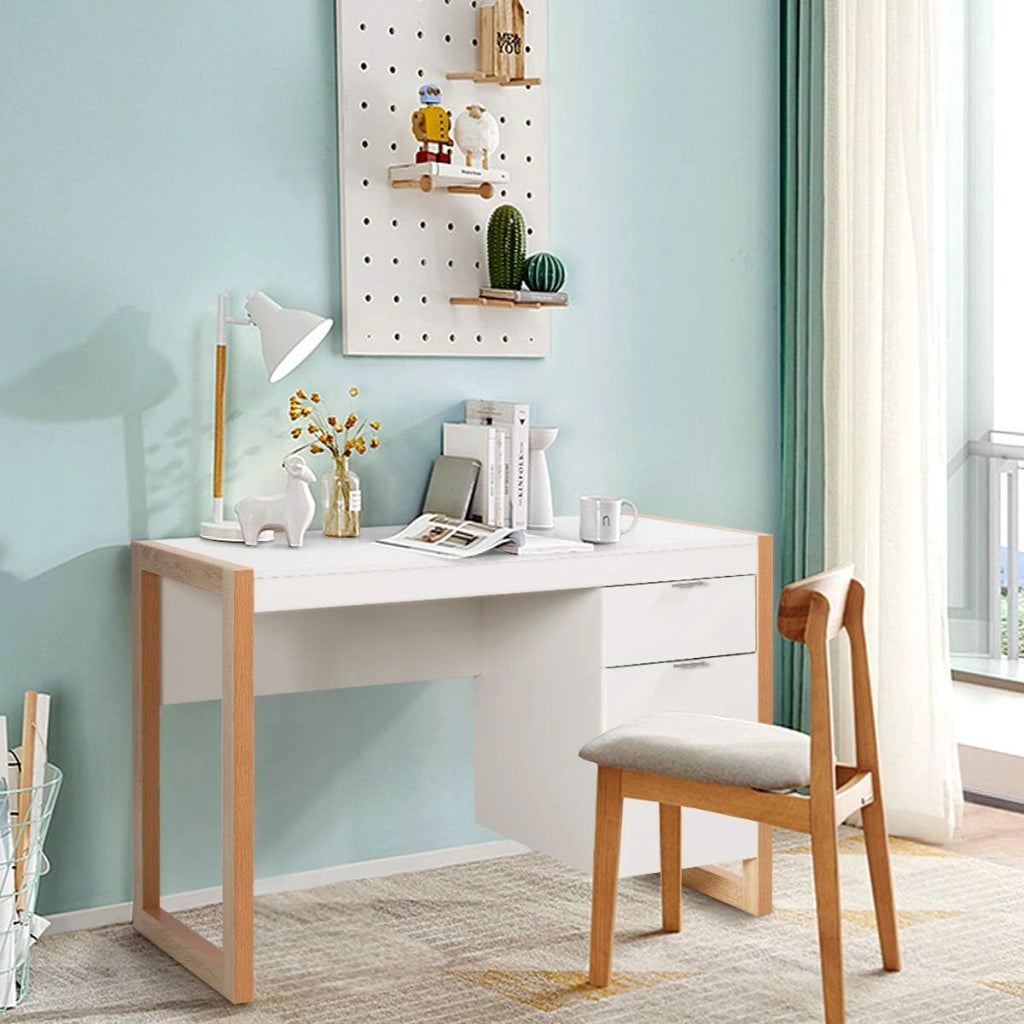 Scrivania per Computer, Scrittoio per Studio Moderno con Cassetto e Armadietto Spazioso in Legno Solido, per Ufficio/Casa, Portata di 70kg, 112,5x 50x75cm, Bianco (Bianco)