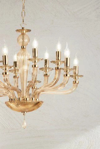 LAMPADARIO VILLA VETRO E METALLO 8 LUCI ORO E AMBRA ATTACCO E14 D.82CM