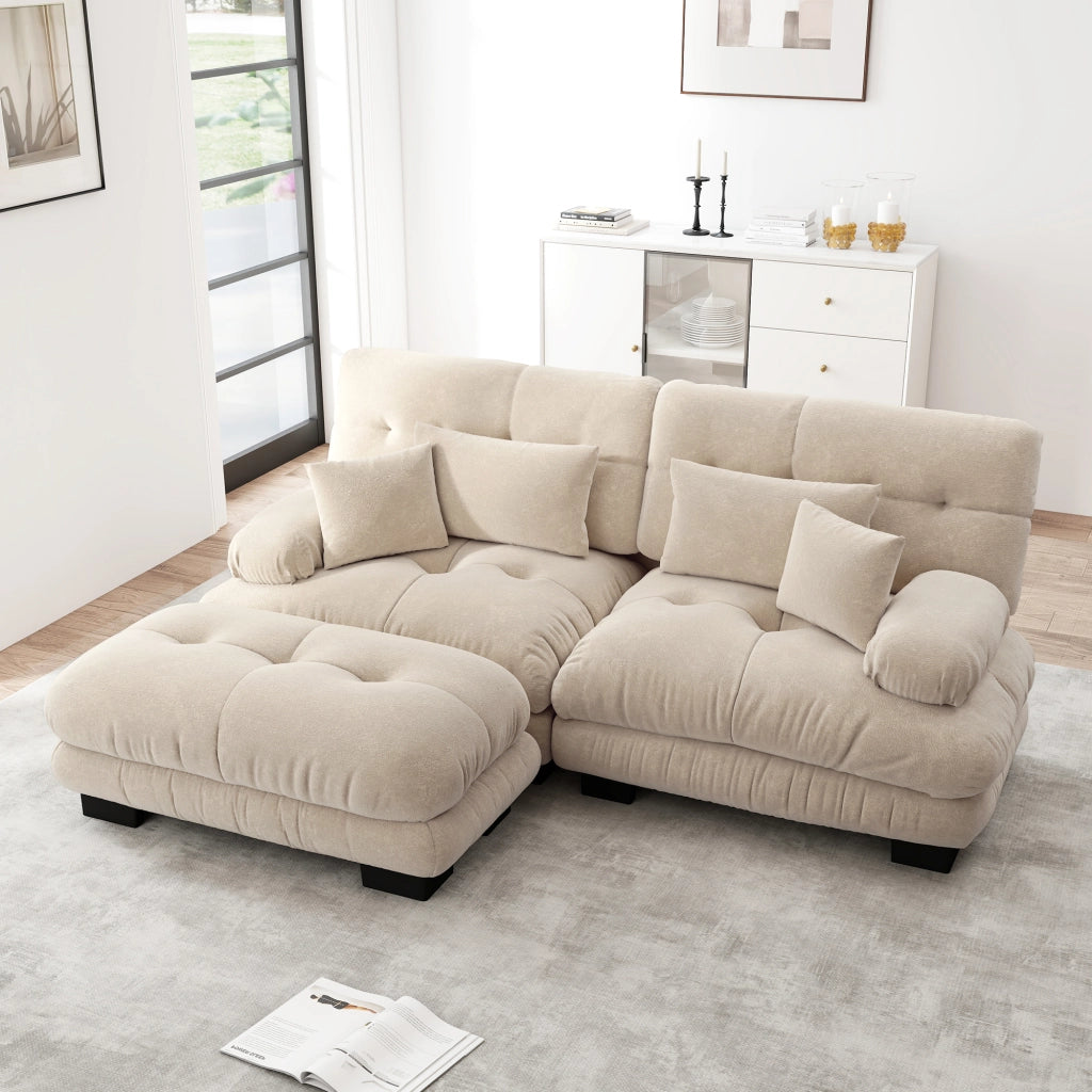 Divano angolare modulare in chenille con cuscini lombari e ottomano, marrone chiaro