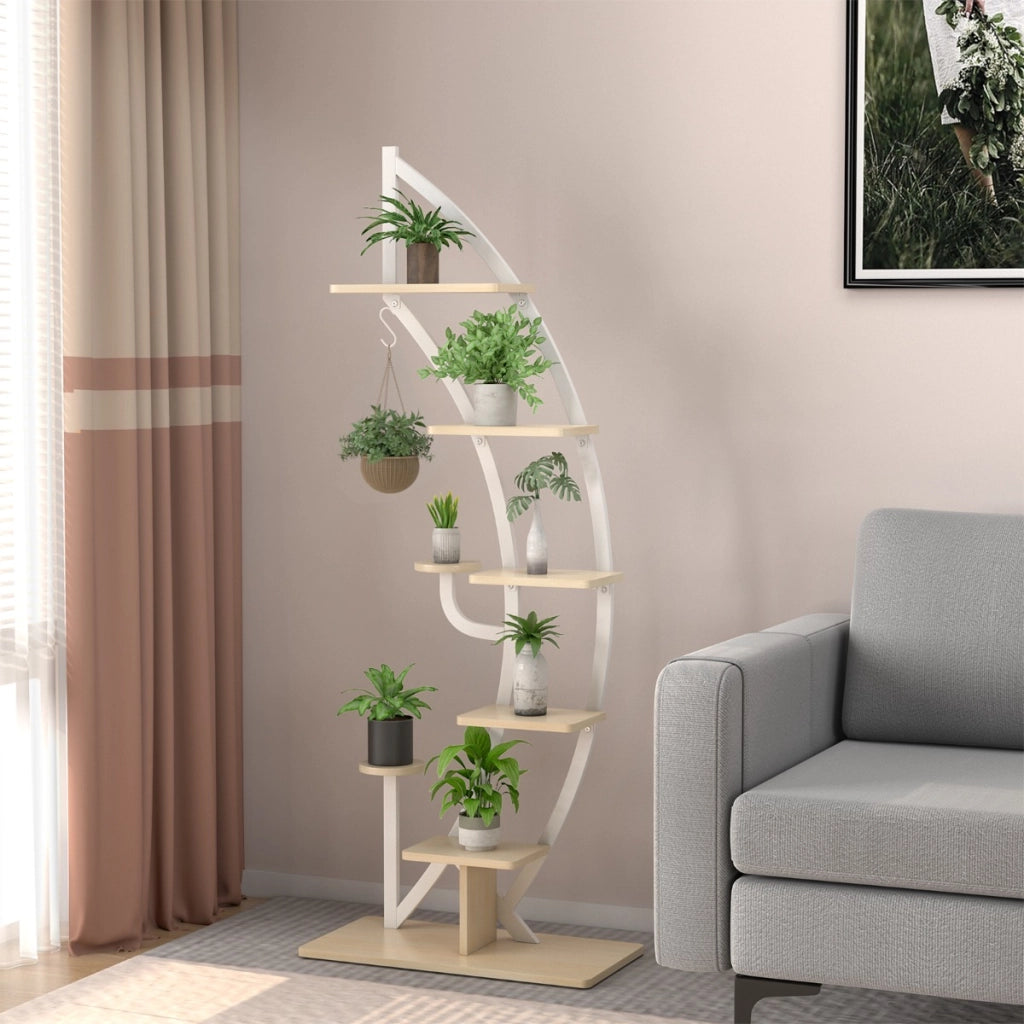 Scaffale in metallo per piante alto a 7 livelli-Scaffale a forma di mezza luna curva con gancio superiore Bianco