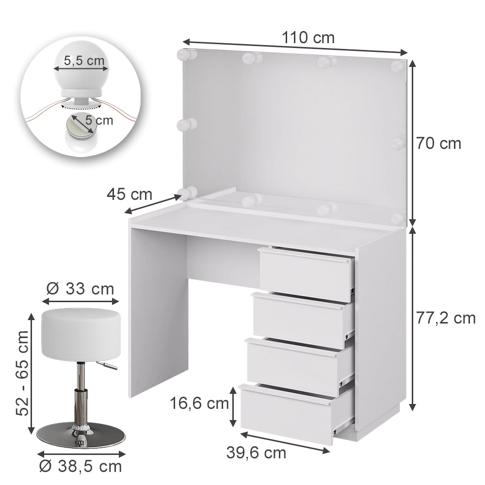 Vicco Tavolo da toeletta Bianco 110 cm con specchio, sgabello e illuminazione a LED