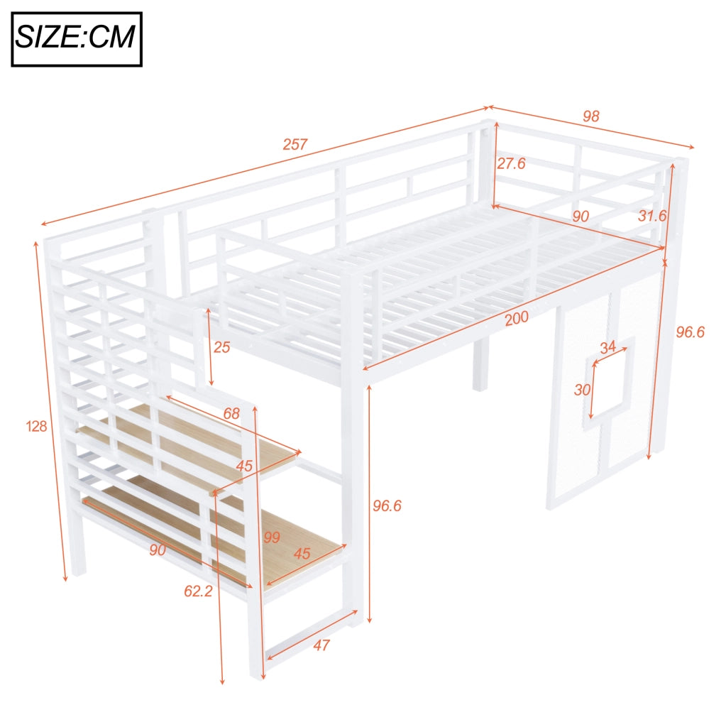Letto a soppalco 90x200 cm con scala contenitore, LED e finestre
