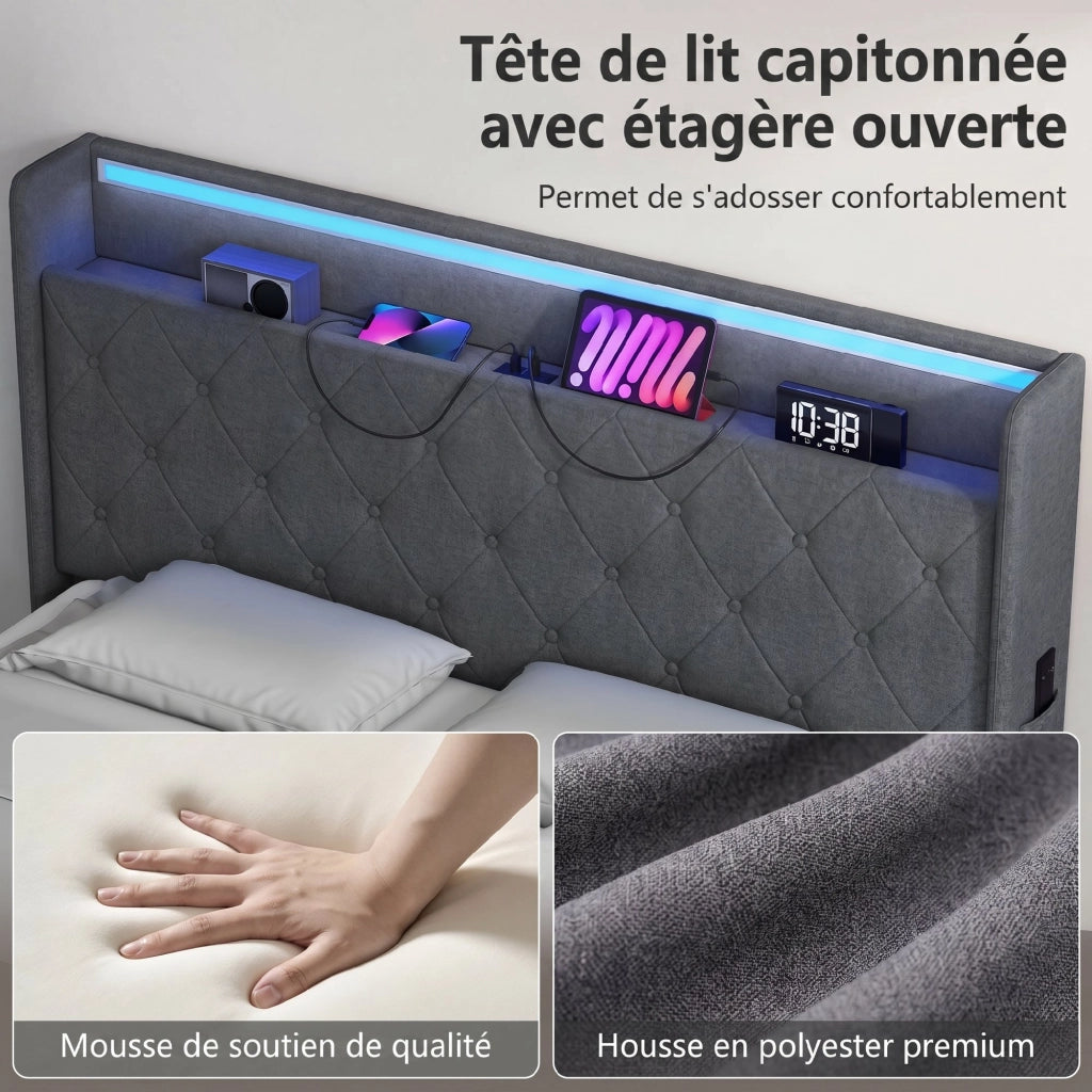 Letto contenitore imbottito con testiera e luce LED ¨C zephmum ¨C 140x190 cm grigio con contenitore idraulico