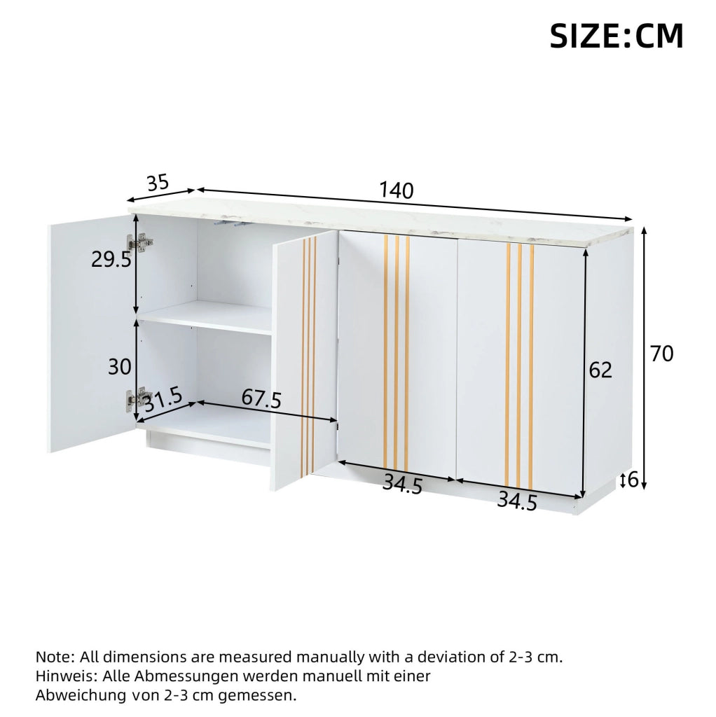 Credenza bianca e oro a 4 ante, 35 x 140 x 70 cm