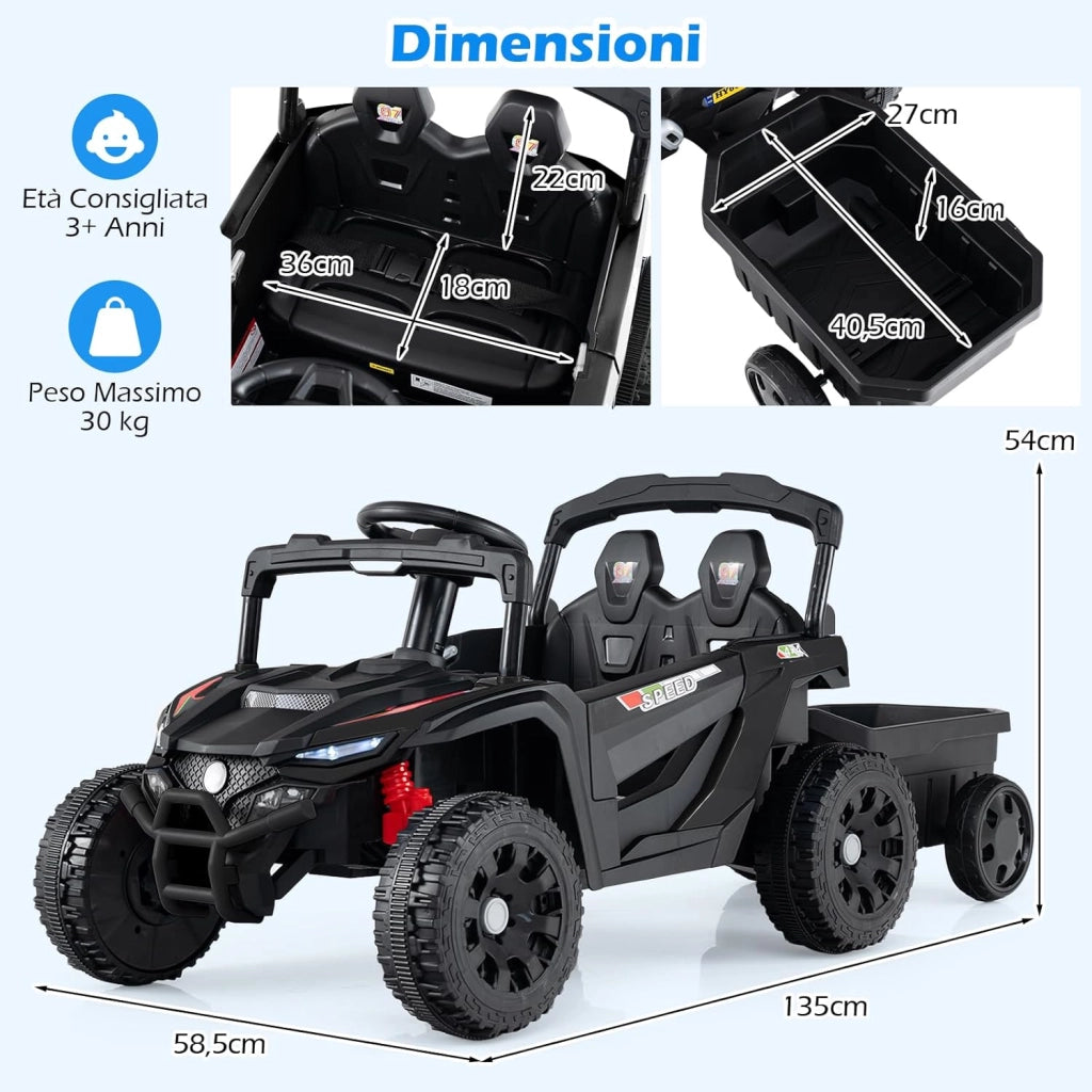 Macchina Elettrica per Bambini UTV con Rimorchio Staccabile, 12V Trattore con Telecomando, Sospensioni a Molla, Luci e Musica, Veicolo Elettrico per Bambini 3+ Anni (Nero)