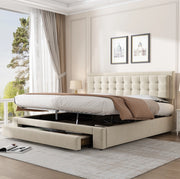Letto imbottito beige in velluto 180 x 200 cm con contenitore