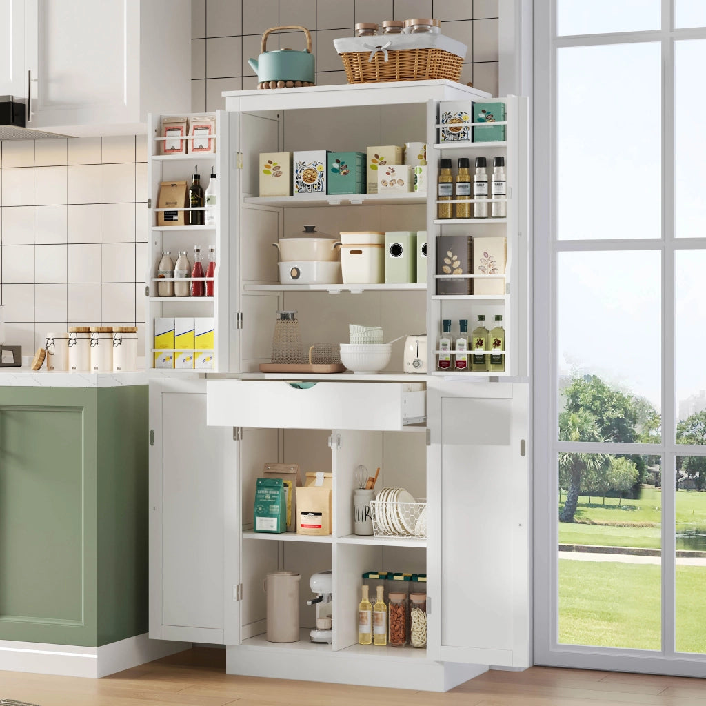 Credenza alta multifunzionale con ante, ripiani interni e cassetto, 182 × 40 × 75 cm, in MDF, bianco