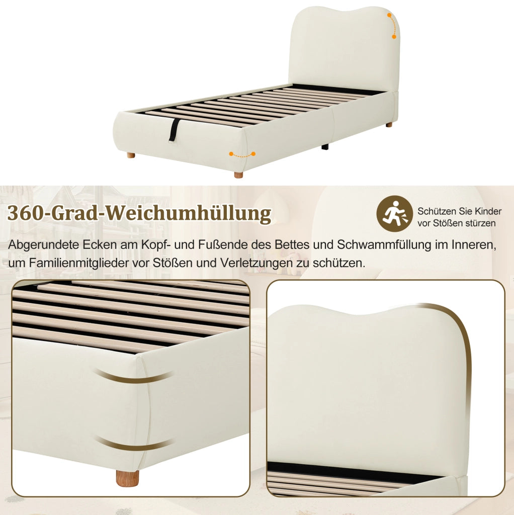 Letto imbottito per bambini 90x200 cm con contenitore e rete a doghe; velluto beige