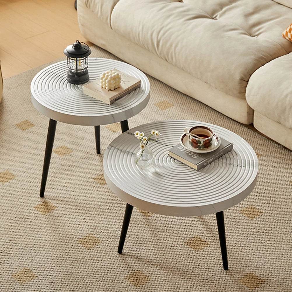 Set 2 Tavolini da Caffè Rotondi Ø60 cm e Ø50 cm Design Industrial in MDF e Metallo Bianco