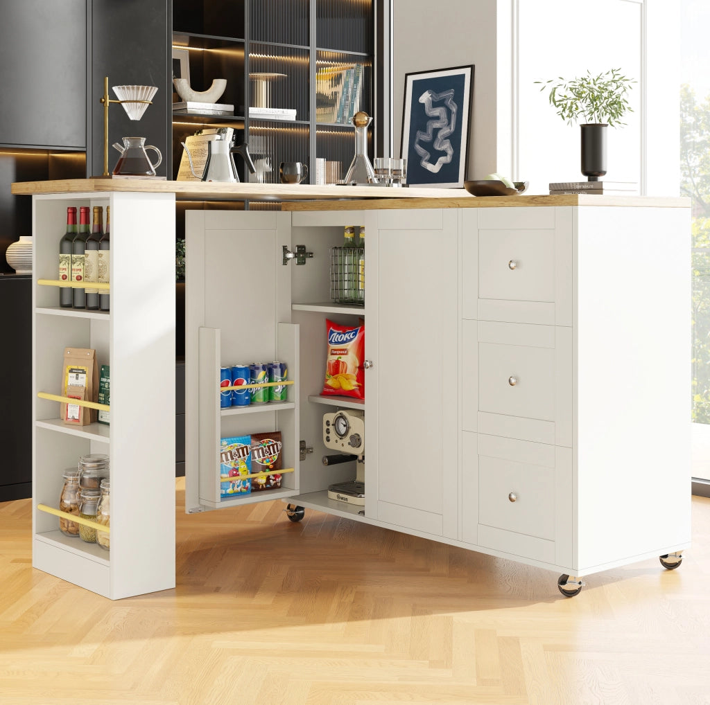 Isola cucina 203x39x104 cm girevole con ruote e ripiani in MDF bianco