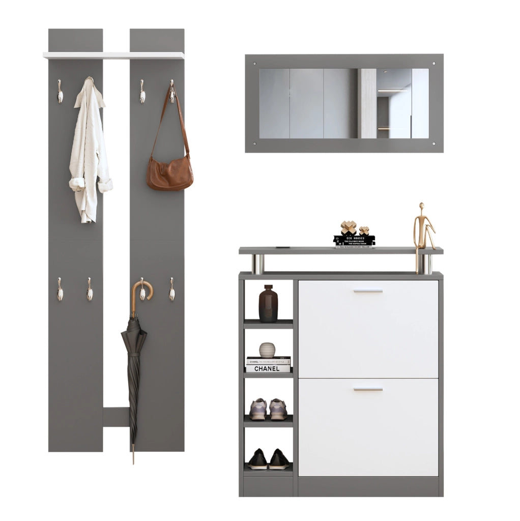 Set guardaroba da ingresso con scarpiera 80x25x96;5 cm; specchio e 8 ganci; grigio e bianco