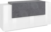 Credenza 2 Ante Battenti e 4 Cassetti 160x86x45 cm New Coro Bianco Lucido e Ardesia
