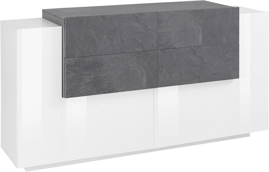 Credenza 2 Ante Battenti e 4 Cassetti 160x86x45 cm New Coro Bianco Lucido e Ardesia
