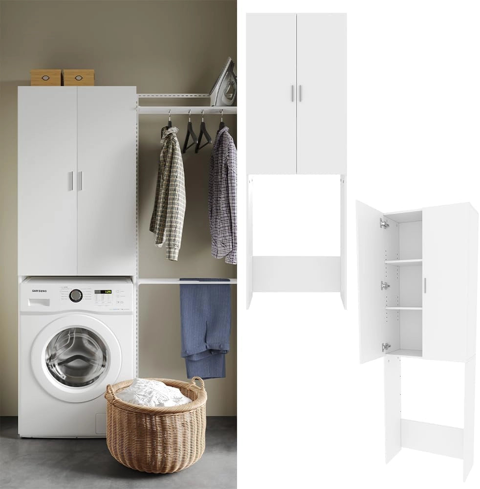 Mobile porta lavatrice Martha, Bianco, 64 x 190 cm con 2 ante lunghe, per la conservazione di detersivi e accessori da bagno