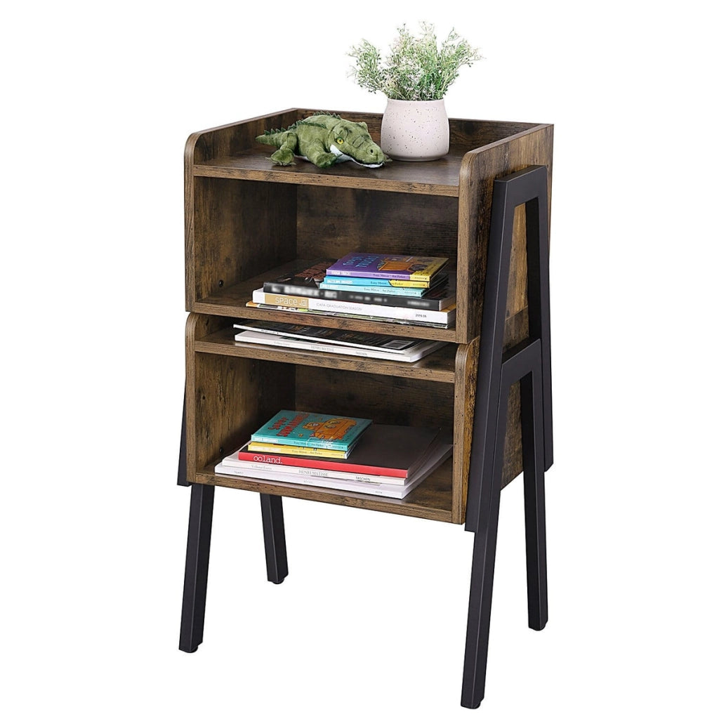 Comodino tavolino stile loft rustico in legno e ferro nero LET54X