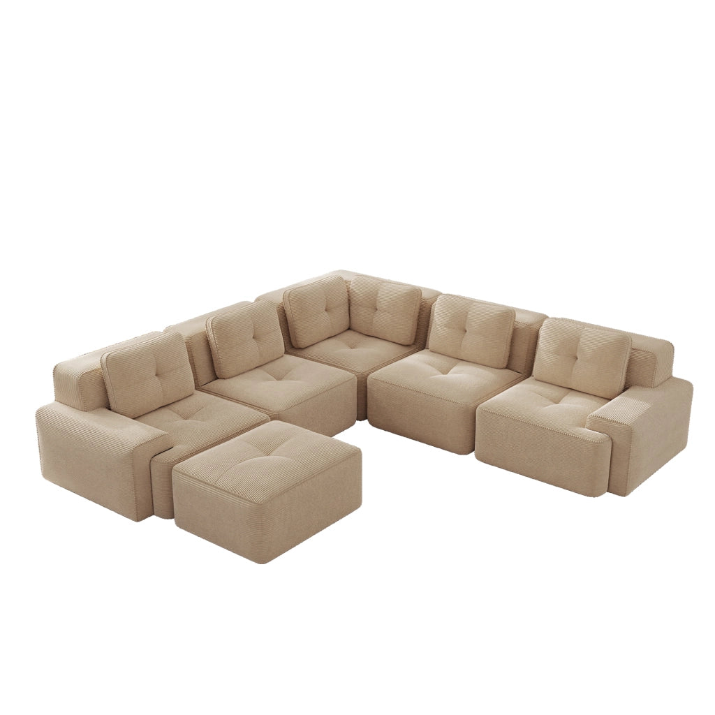 Divano angolare modulare con seduta profonda e schienale adattabile in tessuto cord beige