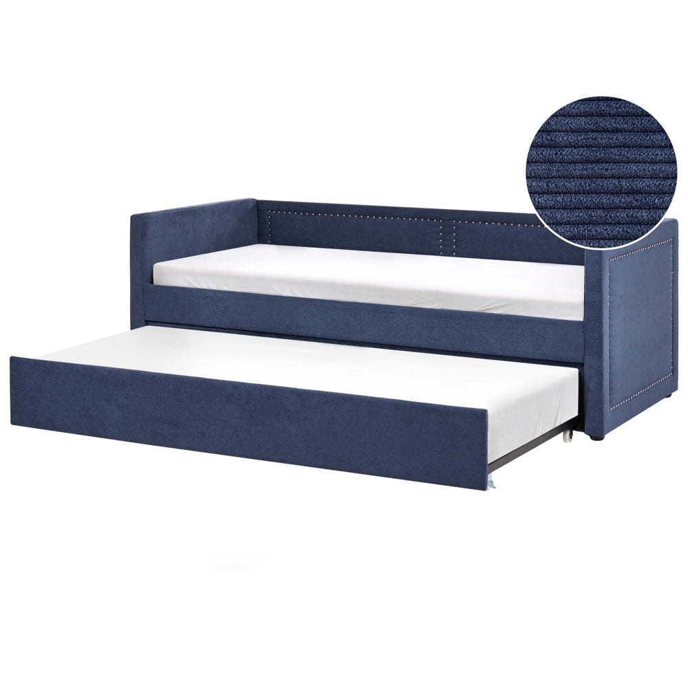 Letto da giorno estraibile velluto a coste blu marino 90 x 200 con rete a doghe e testiera con chiodini