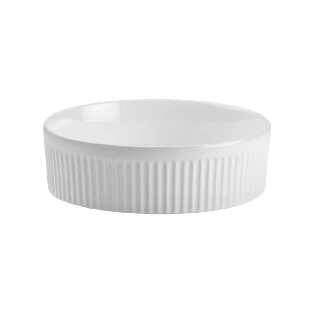 Lavabo da appoggio rotondo 36 cm bianco lucido in ceramica con rilievo decorativo e piletta