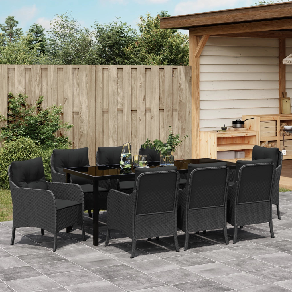 Set da Pranzo da Giardino da 9 Pezzi con Cuscini Nero Rattan Polimerico