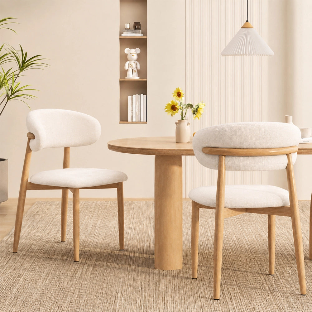 Set 4 Sedie da Pranzo con Gambe in Metallo Effetto Legno e Seduta Tessuto Beige