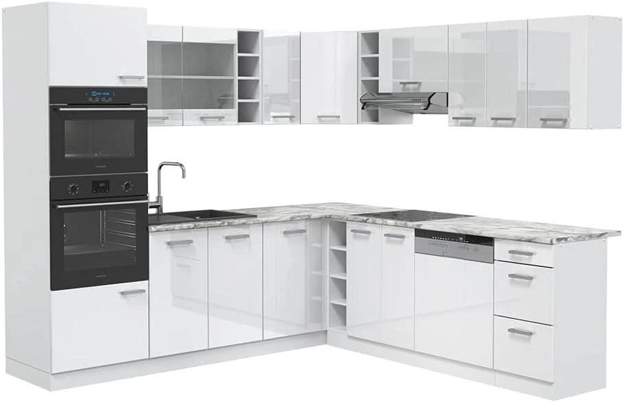 Cucina angolare completa R-Line, Bianco lucido, 247 x 46 cm senza piano di lavoro, per disposizione flessibile ed espansione modulare