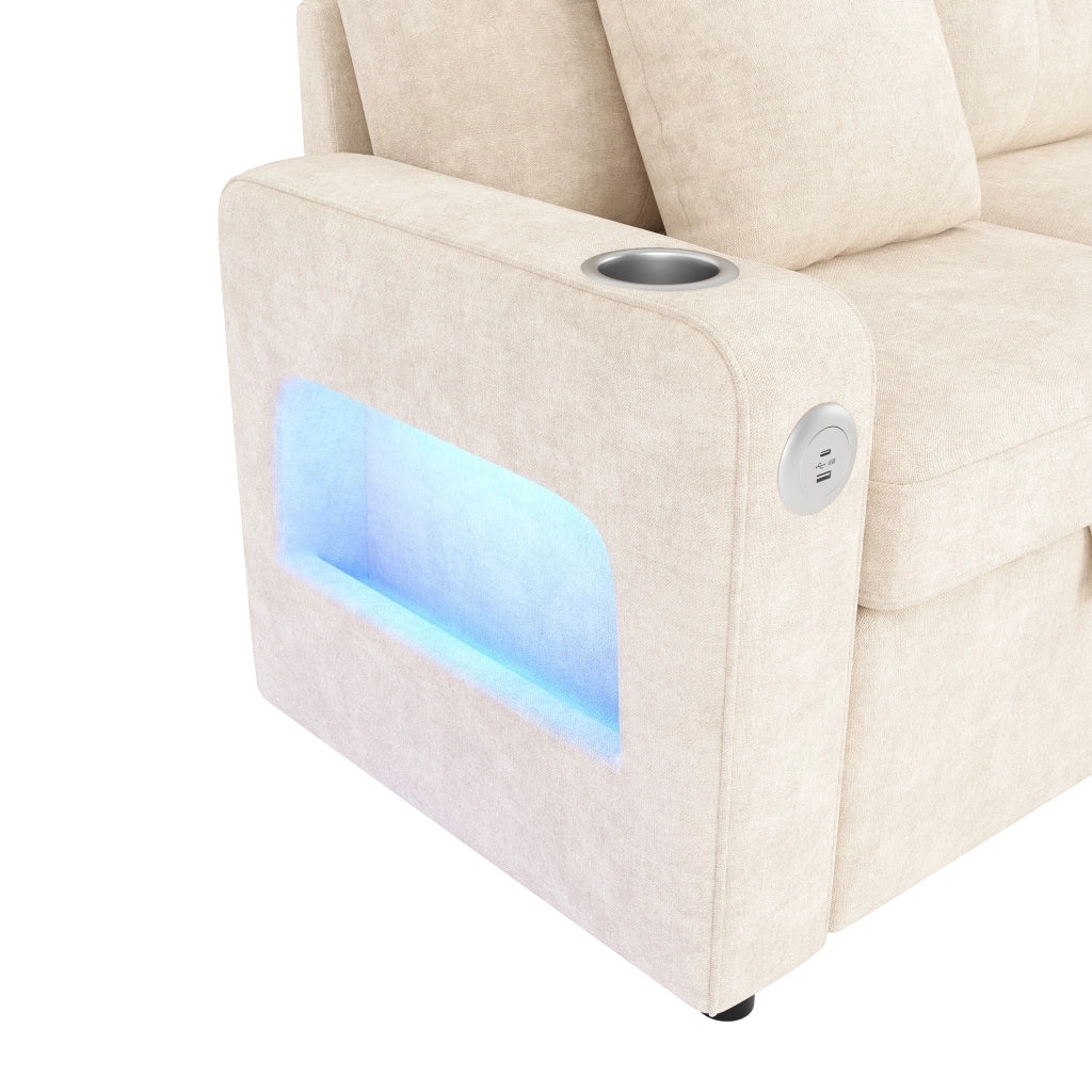 Divano letto a 2 posti estraibile in ciniglia beige con LED porte USB e Type-C vani portabicchieri e 2 cuscini