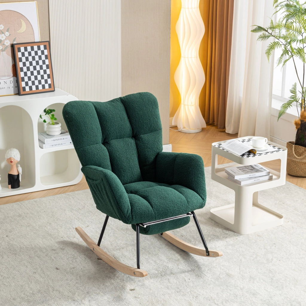 OKWISH Sedia a Dondolo con Poggiapiedi Pieghevole, Schienale Alto Ergonomico e Braccioli Imbottiti, Teddy Verde