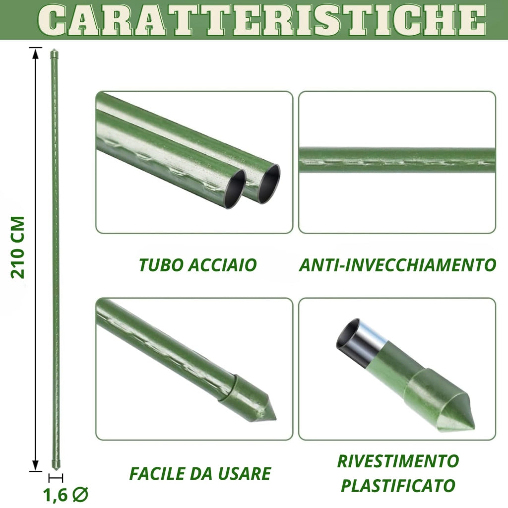 MOHOME Bastoncini Supporto Piante Rampicanti Cannette Acciaio Plastificato Bastone 1,6 Ø x 210 cm Tutore Verde Giardino Orto Pomodori Melenzane Taglia: SET DA 25