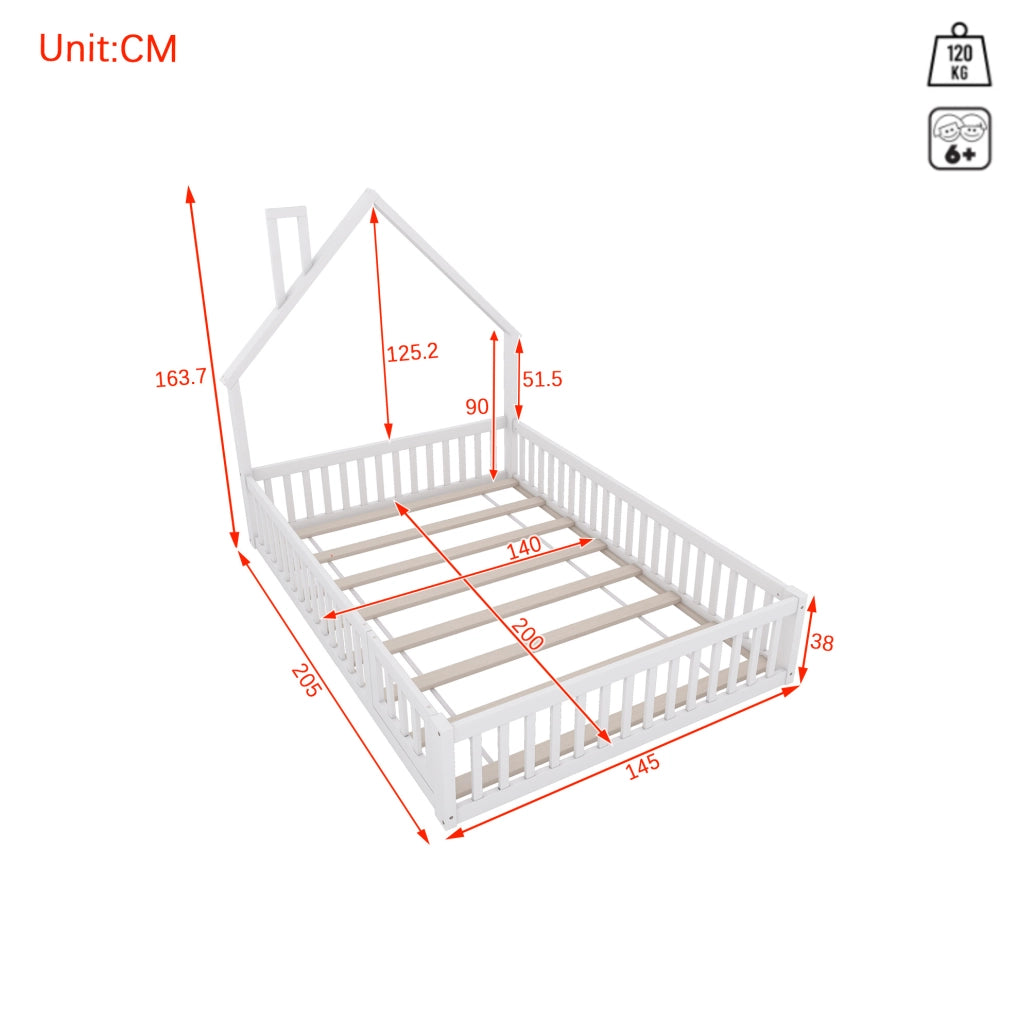 Letto per bambini 140x200 cm con forma camino; in pino e MDF; bianco/grigio