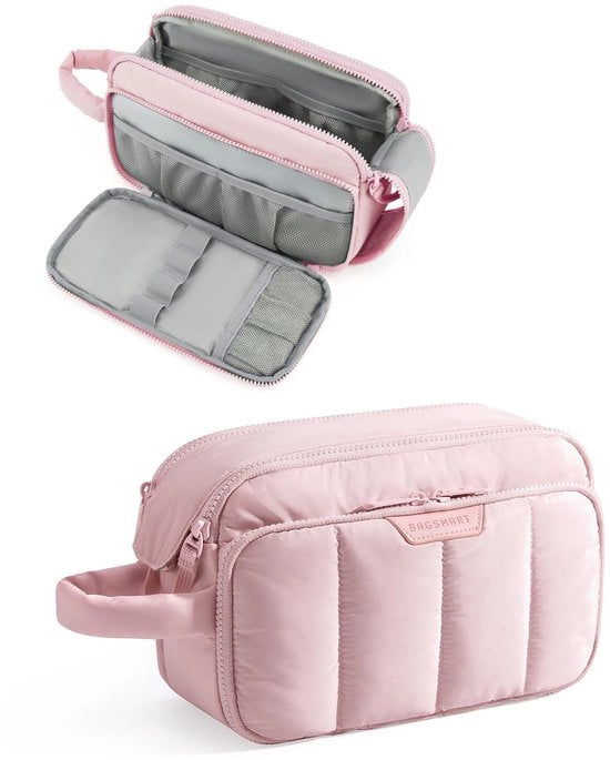 Reistoilettas per donne, organizzatore di cosmetici e trucco gonfiabile, grande valigetta con ampia apertura per articoli da toeletta, rosa