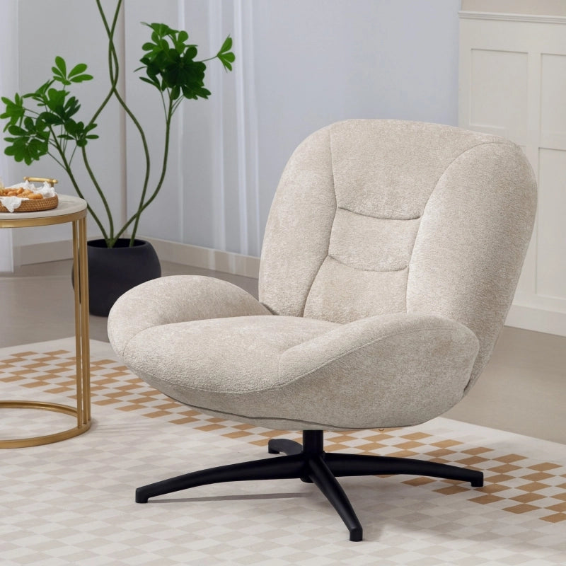 Poltrona girevole imbottita in tessuto Chenille, seduta relax con base in acciaio, bianco crema