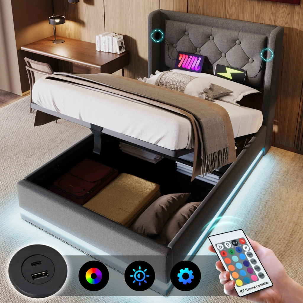 LETTO Contenitore 90x200 cm Grigio in cotone con materasso incluso, USB Tipo C e LED