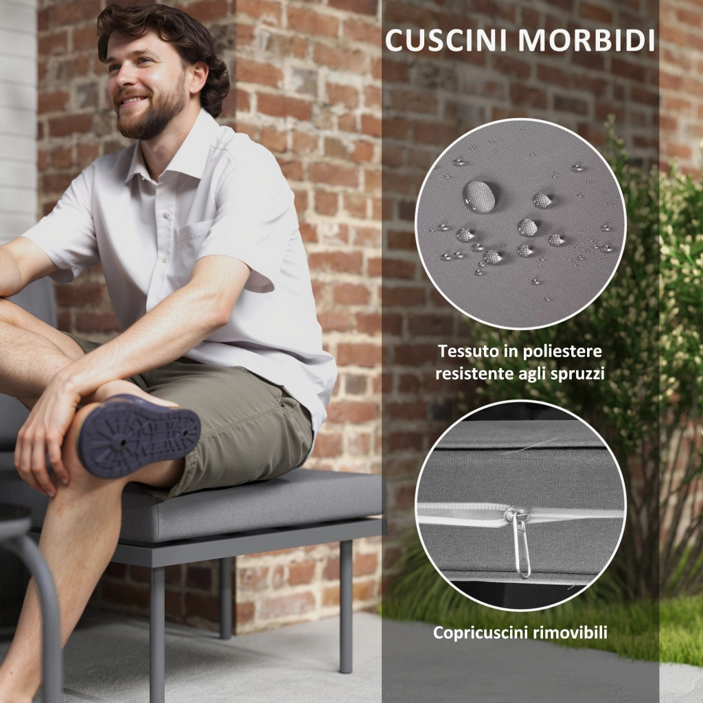 Salotto da Giardino 4 Pezzi in Rattan con Divano, Chaise Longue, Poltrona e Tavolino con Cuscini, Grigio