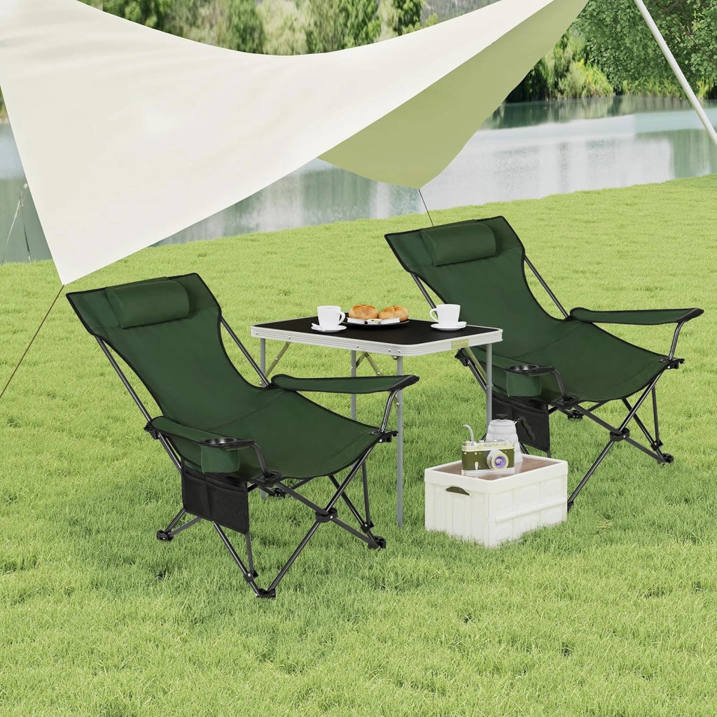 Set di 2 Sedia da Campeggio Portatile Reclinabile, Sedia Pieghevole Esterno con Poggiapiedi, Poggiatesta e Borsa da Trasporto, per Pesca, Giardino, Verde