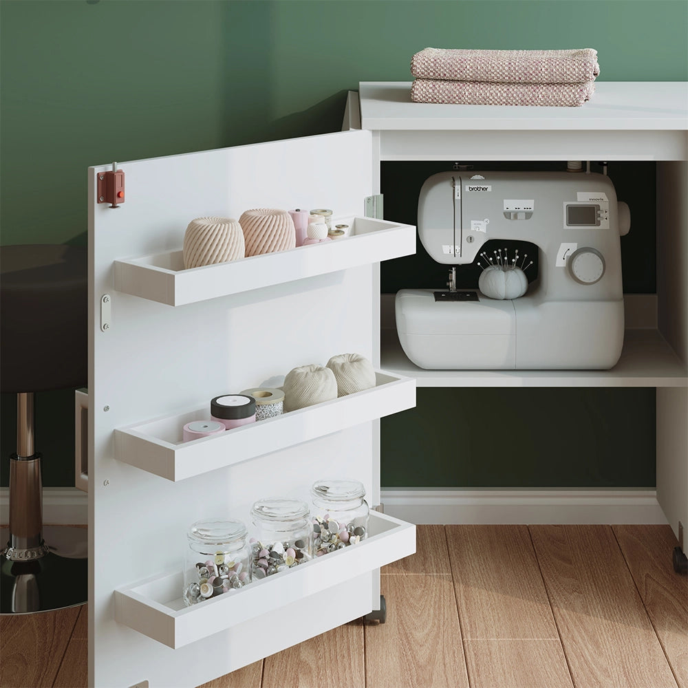 Vicco Tavolo da cucito Bianco 148 x 75 cm con 3 ripiani e armadio